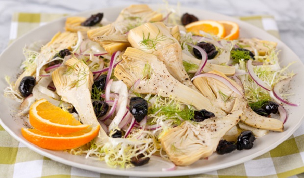 in the kitchen with stefano faita artichoke, fennel and Frisée with Orange Dressing served on a plate