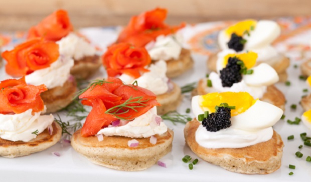 in the kitchen with stefano faita buckwheat blinis with smoked salmon and cream cheese toppings and egg, caviar and crème fraîche toppings