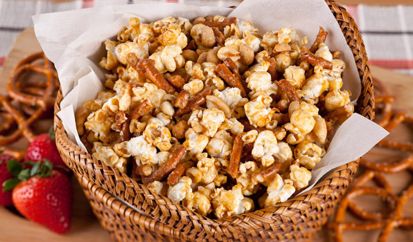 in the kitchen with stefano faita spicy maple kettle corn combined with peanuts, pretzels and served in a basket