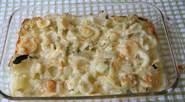 Lidia's kitchen Celery Gratin served on a 9 by 13 baking dish