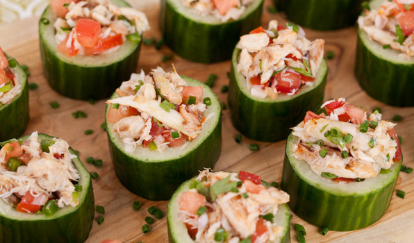 in the kitchen with stefano faita crab salad cucumber cups served on a wooden board