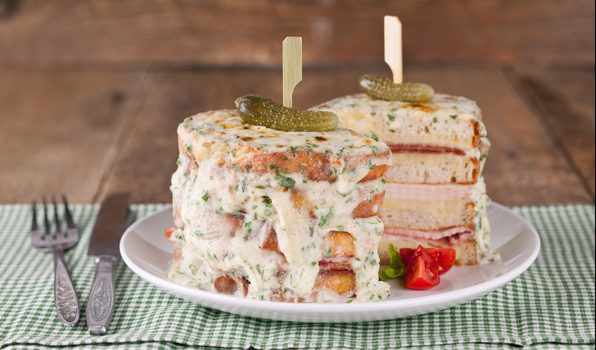 in the kitchen with stefano faita mile-high croque monsieur served with gherkins