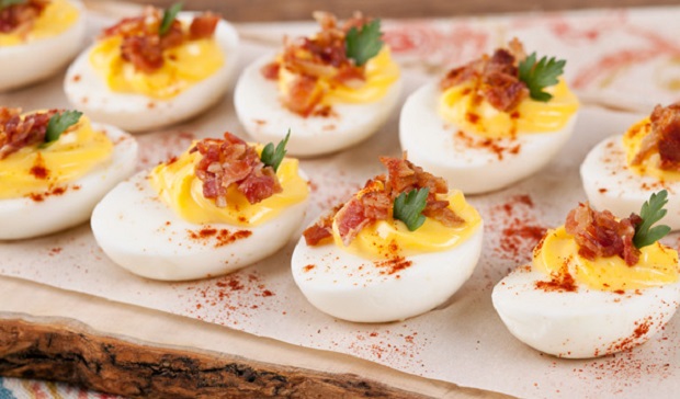 In the Kitchen with Stefano Faita Stefano's deviled eggs on a baking sheet