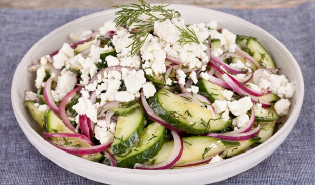 in the kitchen with stefano faita feta and cucumber salad served in a bowl