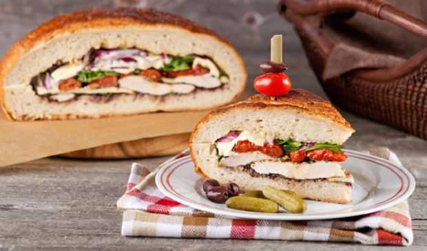 In the Kitchen with Stefano Faita Family-Sized Grilled Chicken Picnic Sandwich on a dish