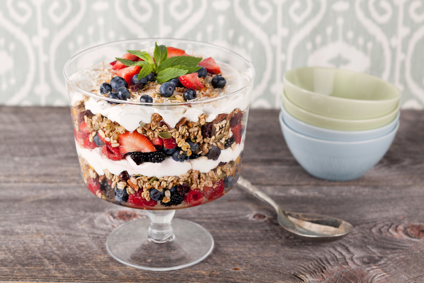 in the kitchen with stefano faita stefano's granola trifle in a class cup with spoon