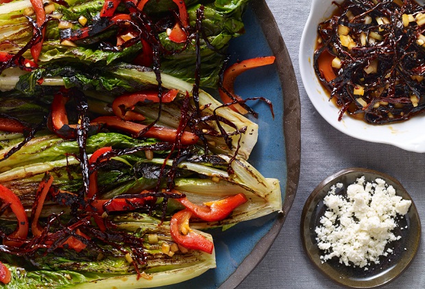 pati's mexican table grilled romain and red bell peppers with ancho chile vinaigrette and cheese drizzled on top and served on the side