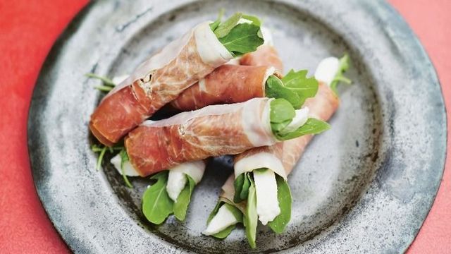 Mozzarella, Parma Ham & Rocket Rolls On Silver Plate