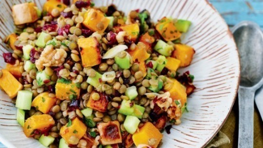 Lentil and squash salad with walnuts and cranberries