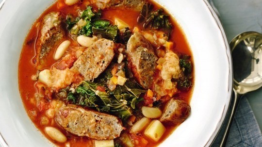 gino's italian escape tuscan vegetable, cannelini bean and bread soup served with italian pork sausages