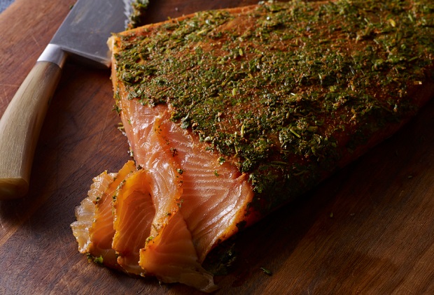 pati's mexican table mexican style gravlax with cilantro and tequila served on wooden cutting board