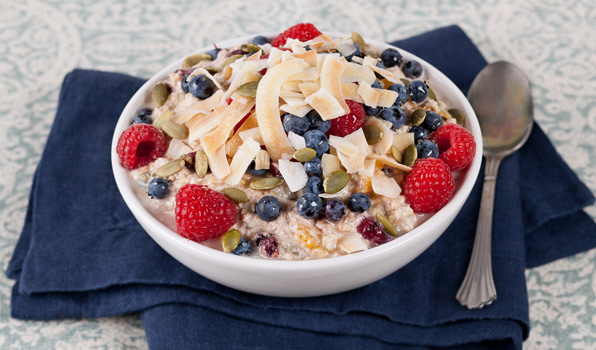 in the kitchen with stefano faita fruit and nut muesli in a bowl with toasted coconut as garnish