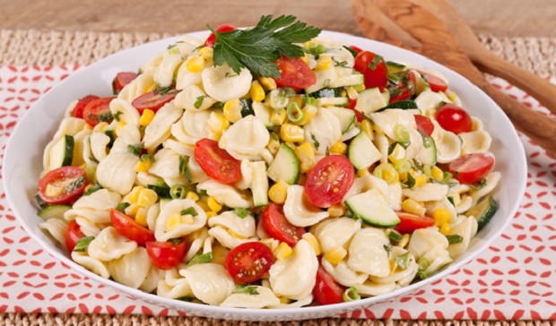 in the kitchen with stefano faita party pasta salad served in a white dish