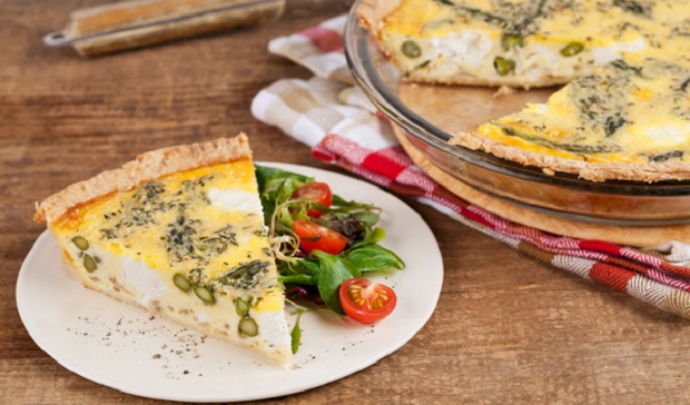 in the kitchen with stefano faita asparagus and goat cheese quiche served on a plate with a side of salad