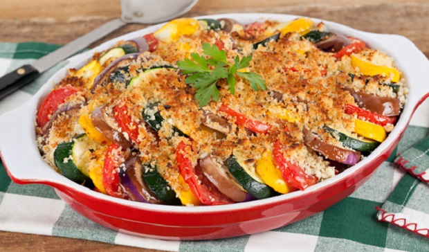 in the kitchen with stefano faita roasted ratatouille casserole served in red baking dish