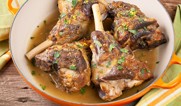 in the kitchen with stefano faita roman-style lamb shanks in a pot garnished with parsley