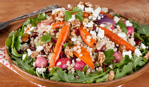 in the kitchen with stefano faita roasted veggie and barley salad on a bed of arugula topped with crumbled goat cheese