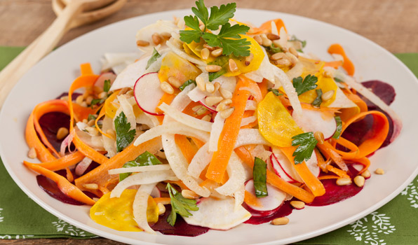 in the kitchen with stefano faita shaved veggie salad with white balsamic vinegar served on a white dish