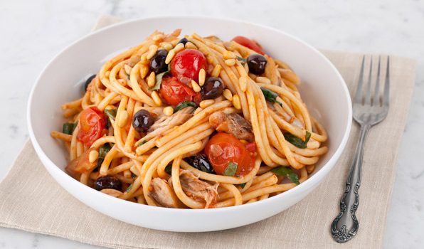 in the kitchen with stefano faita smoked mackerel pasta with cherry tomatoes in a white bowl with fork