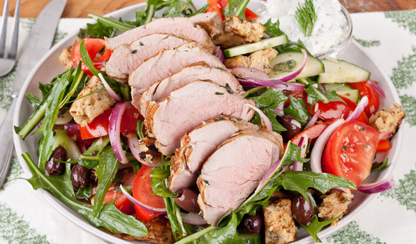 in the kitchen with stefano faita greek souvlaki salad in a bowl with utensils