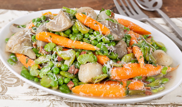 in the kitchen with stefano faita spring vegetable stew with freshly grated pecorino romano cheese