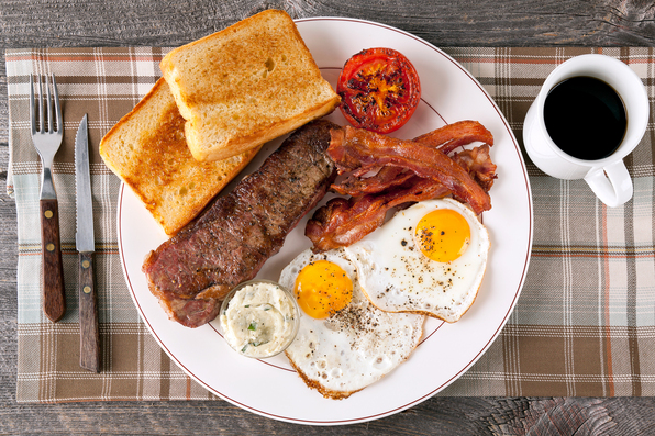 in the kitchen with stefano faita steak and eggs griddle breakfast served on a plate with black coffee on the side