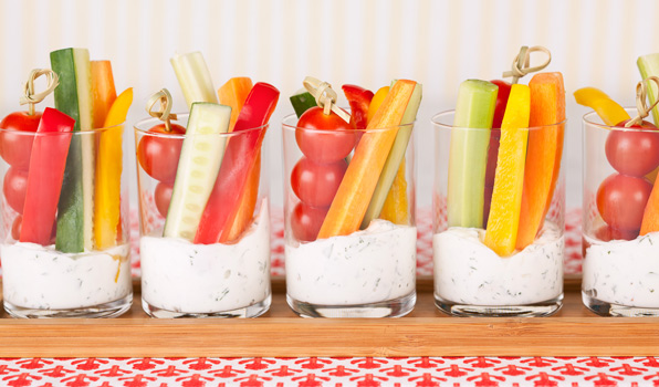 in the kitchen with stefano faita veggie cups and ranch dip served in glass cups