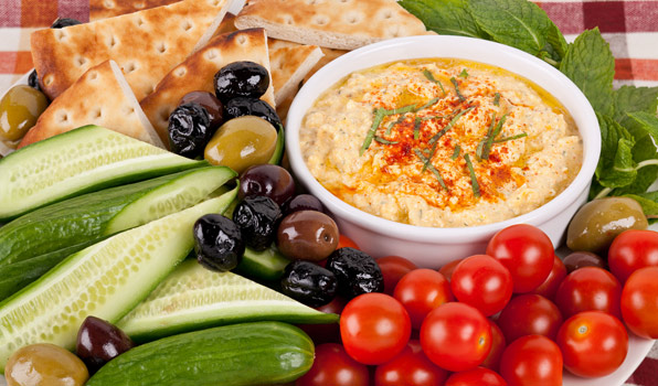 in the kitchen with stefano faita whipped feta and pepper dip served with pita bread, tomatoes, cucumbers and olives