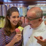 Picture Shows: Michela and Sergio at Gelateria Dondoli with Michela holding gelato