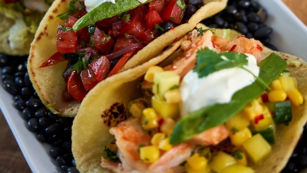 Prawn Tacos With Mango Sweetcorn Salsa & Red Pepper Black Bean Tacos With Pico de Gallo