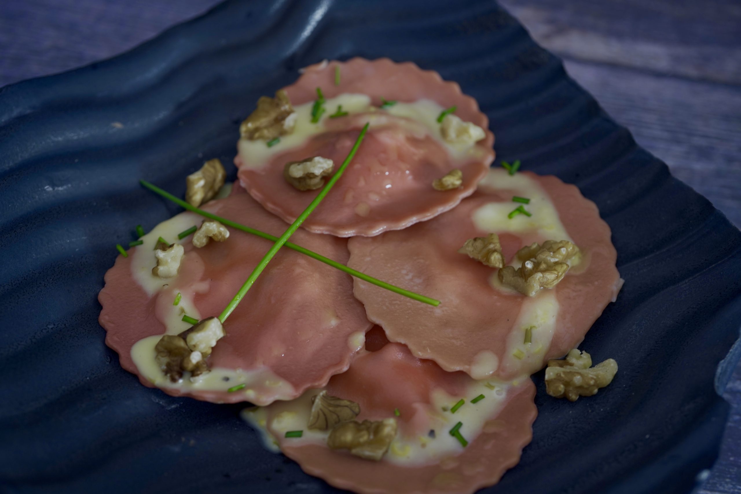 Beetroot & Goat Cheese Ravioli With Lemon Cream Sauce & Walnuts