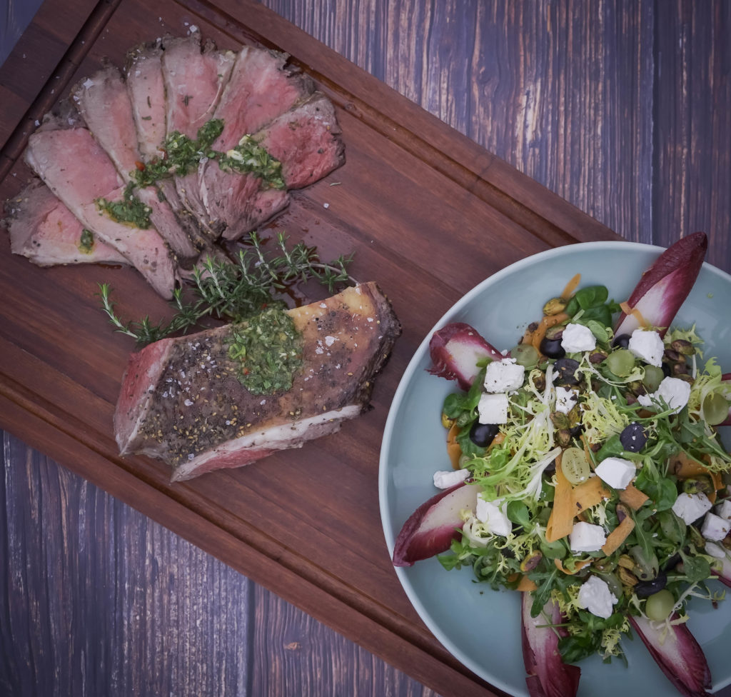 Butterflied Leg of Lamb with Chimichurri & Pistachio and Carrot, Grape & Goat Cheese Salad