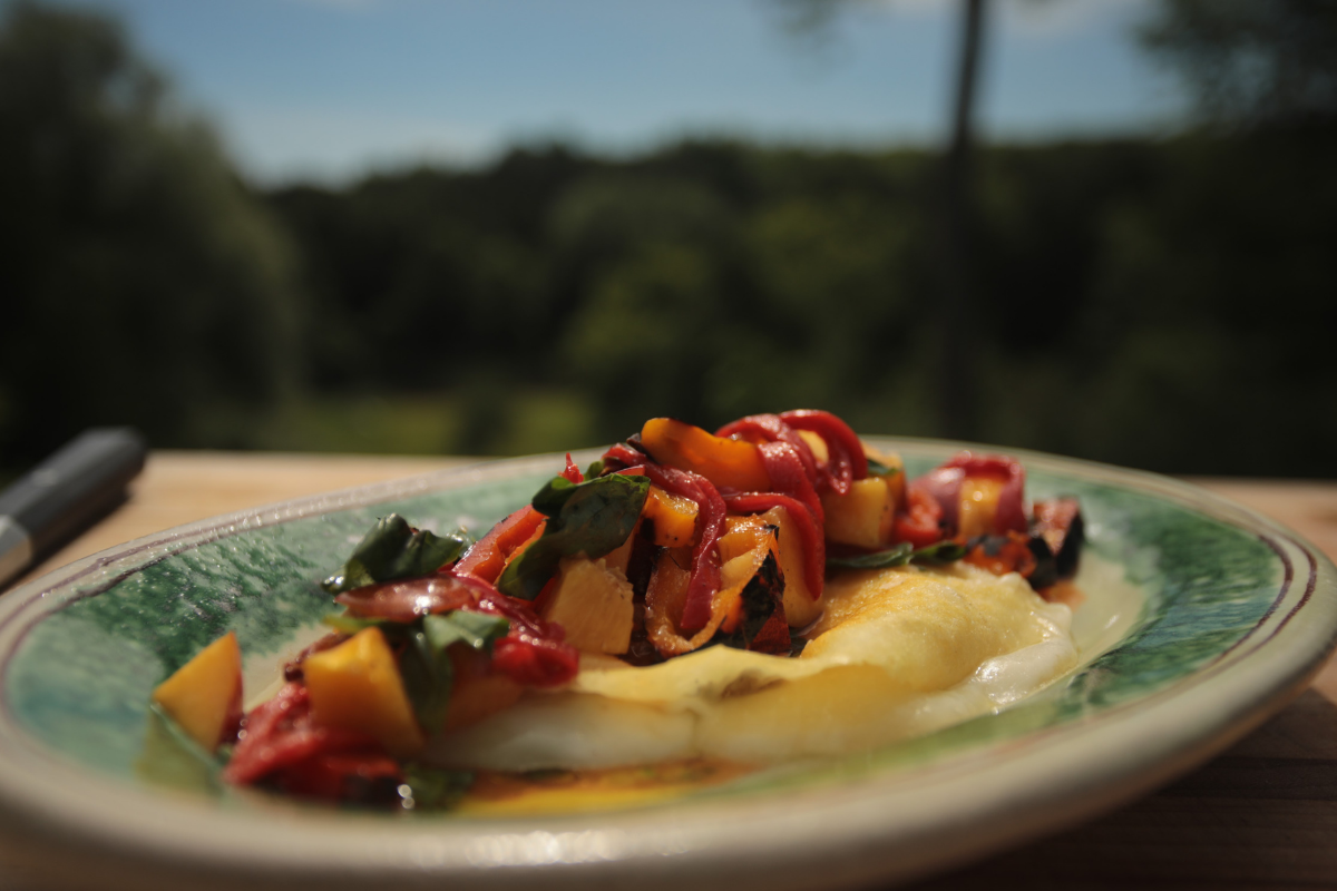 Roasted Provolone With Peach & Pepper Salad By Rob Rossi and Craig Harding