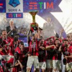 Alessio Romagnoli and the Milan squad celebrate winning the Serie A title following the Matchday 38 fixture against Sassuolo