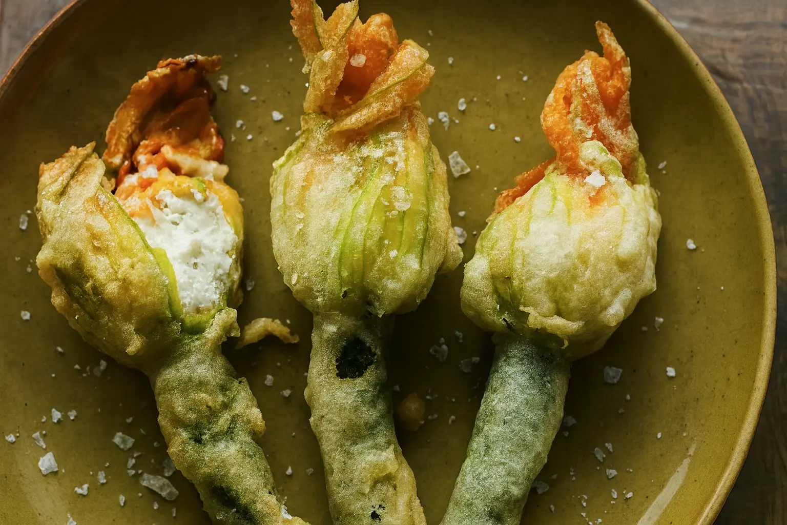 Three deep-fried ricotta-stuffed courgette flowers sprinkled with sea salt on a dark plate