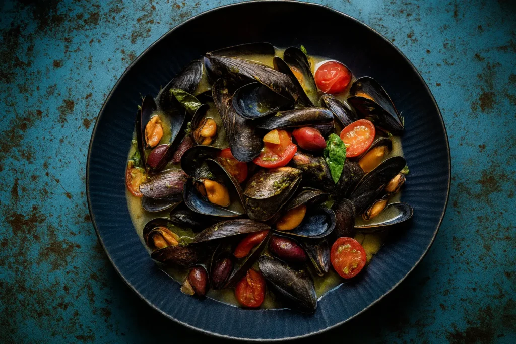 Mussels with Pesto & Olives – Genovese Style