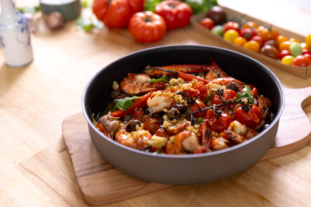 Tiger Prawns Tray Bake with Olives, Tomatoes & Breadcrumbs