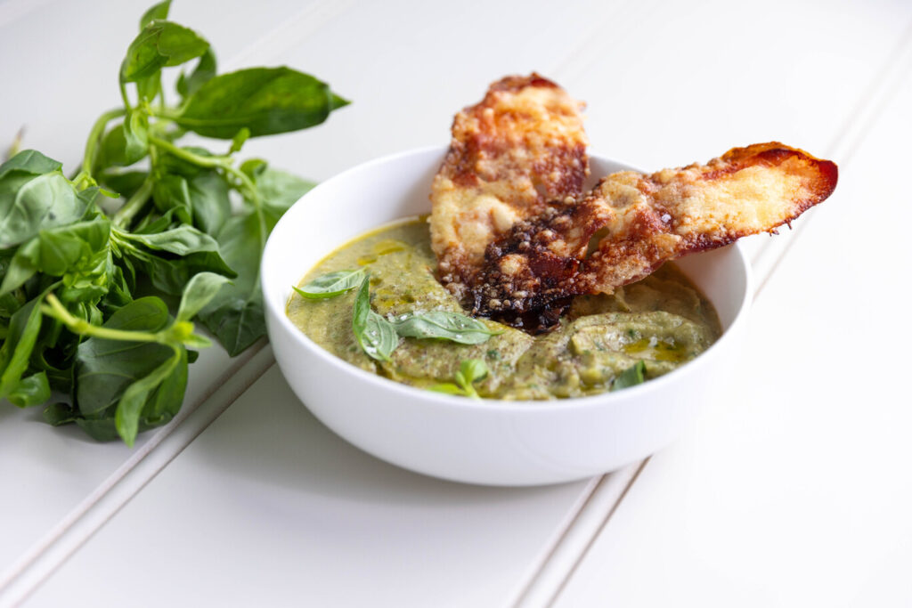 Gluten Free Broccoli Zuppa with Prosciutto and Parmesan Crisps