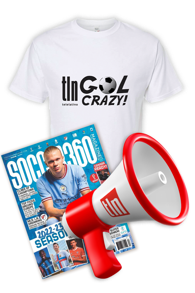 TLN soccer prize pack featuring a Soccer 360 Magazine subscription, TLN Goal Crazy T-shirt, and TLN megaphone